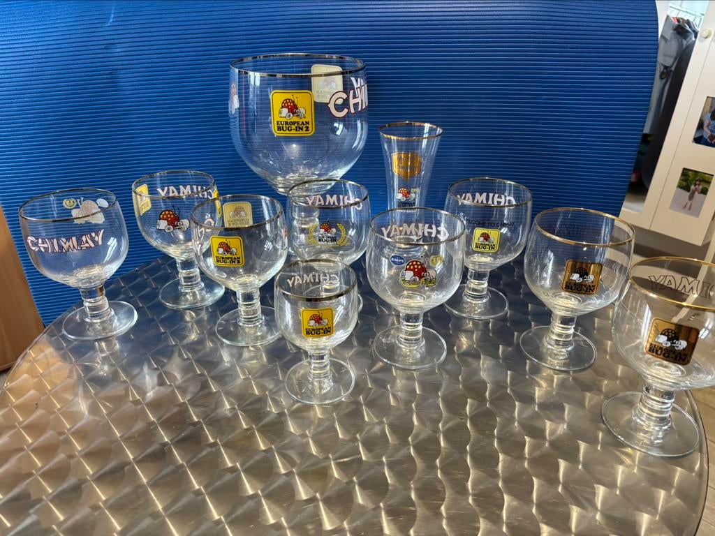 Zeer grote set van 11 Chimay Bugin-glazen, Ophalen of Verzenden, Zo goed als nieuw, Bierglas