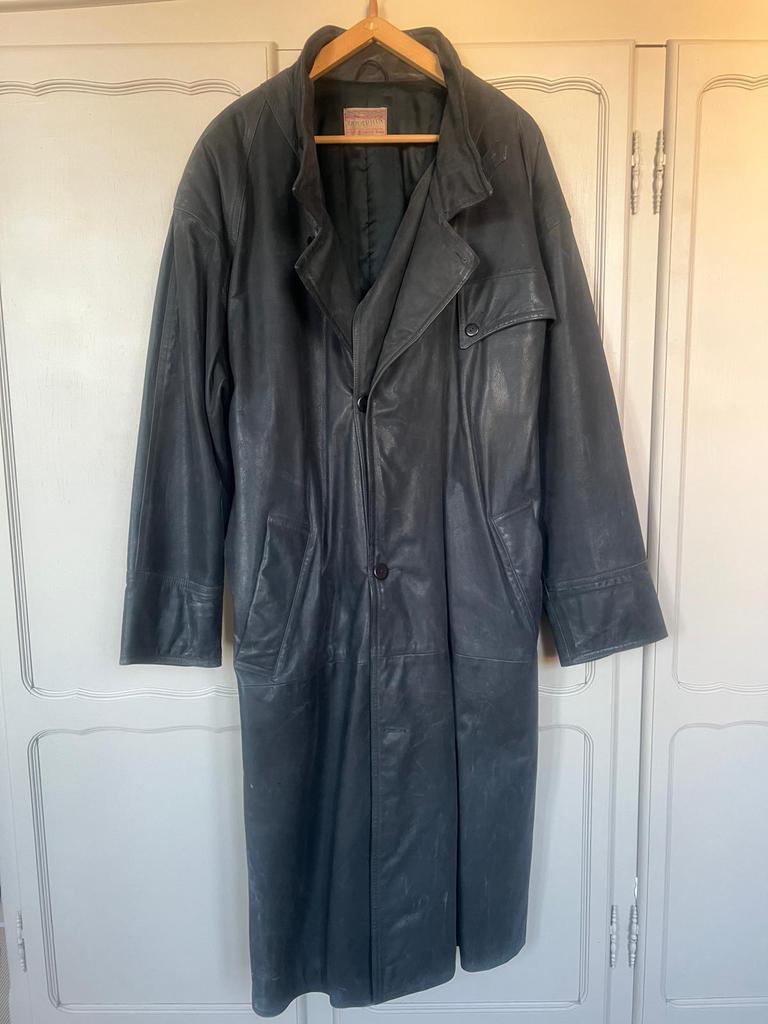 Vintage lange zwarte jas uit Leder Seraphin, Kleding | Heren, Ophalen of Verzenden, Zo goed als nieuw, Maat 52/54 (L), Zwart