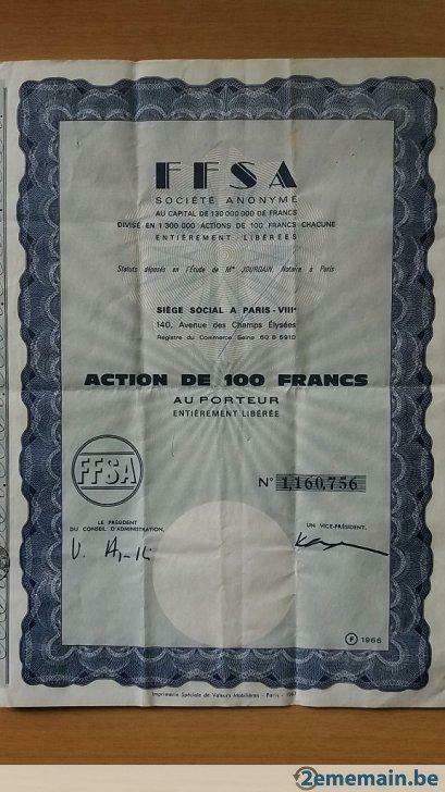1 ffsa fiat aandeel 100 frank in perfecte staat met bonnen, Verzamelen, Ophalen of Verzenden