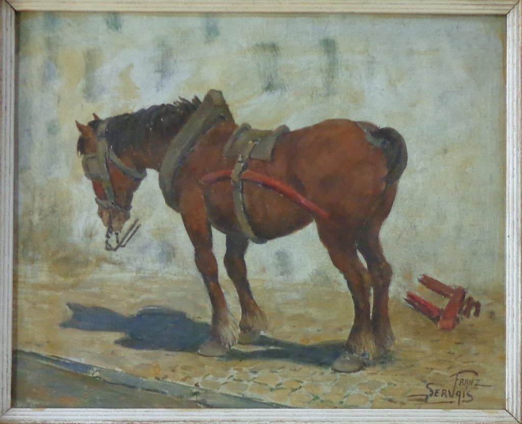 FRANZ SERVAIS / WERKPAARD / OLIEVERF PANEEL / 59x59cm KADER, Enlèvement ou Envoi, Signé, Peinture à l'huile, Panneau