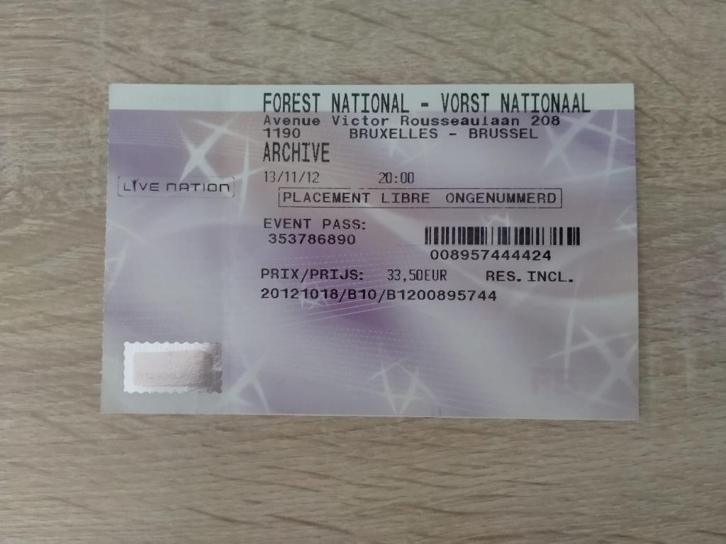 Ticket concert Archive Forest National (Bruxelles) 13/11/12., Verzamelen, Muziek, Artiesten en Beroemdheden, Gebruikt, Overige typen