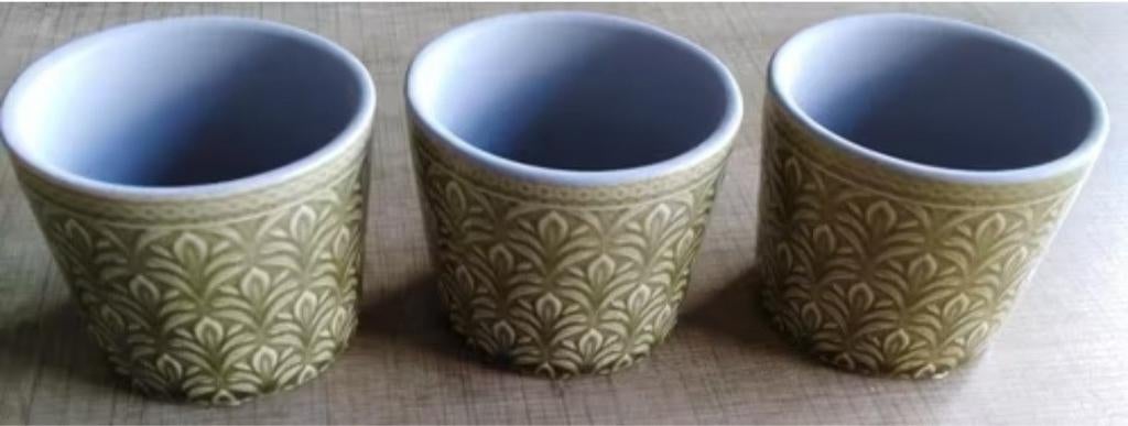 3 mooie bloempotjes (kaki), Tuin en Terras, Rond, Binnen, Ophalen of Verzenden, Zo goed als nieuw
