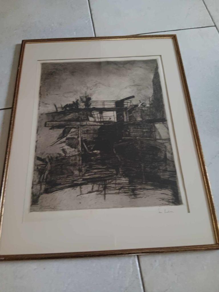 gesigneerde ets van een sluis door Louis Peeters, Antiek en Kunst, Ophalen of Verzenden