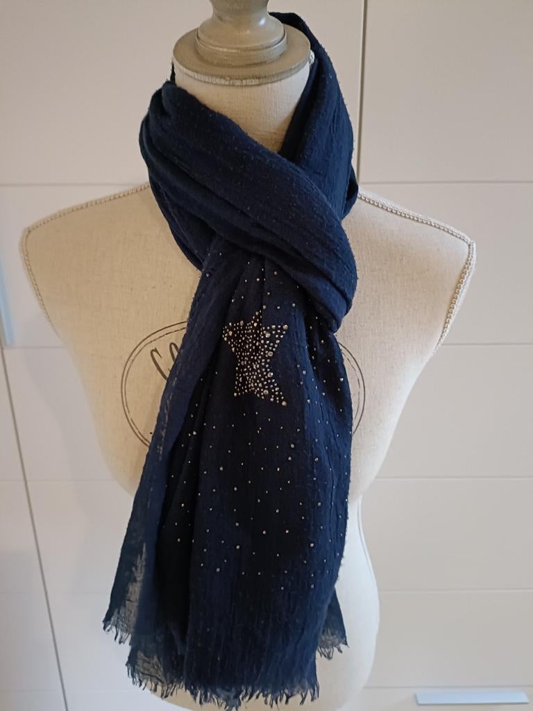Foulard bleu foncé avec strass et étoiles, Kleding | Dames, Ophalen of Verzenden, Zo goed als nieuw, Sjaal