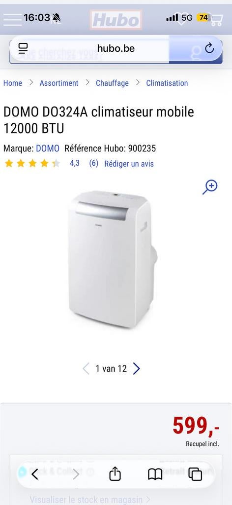 Climatiseur mobile DOMO comme neuf, Refroidissement et Déshumidification, 60 à 100 m³, Comme neuf, Enlèvement