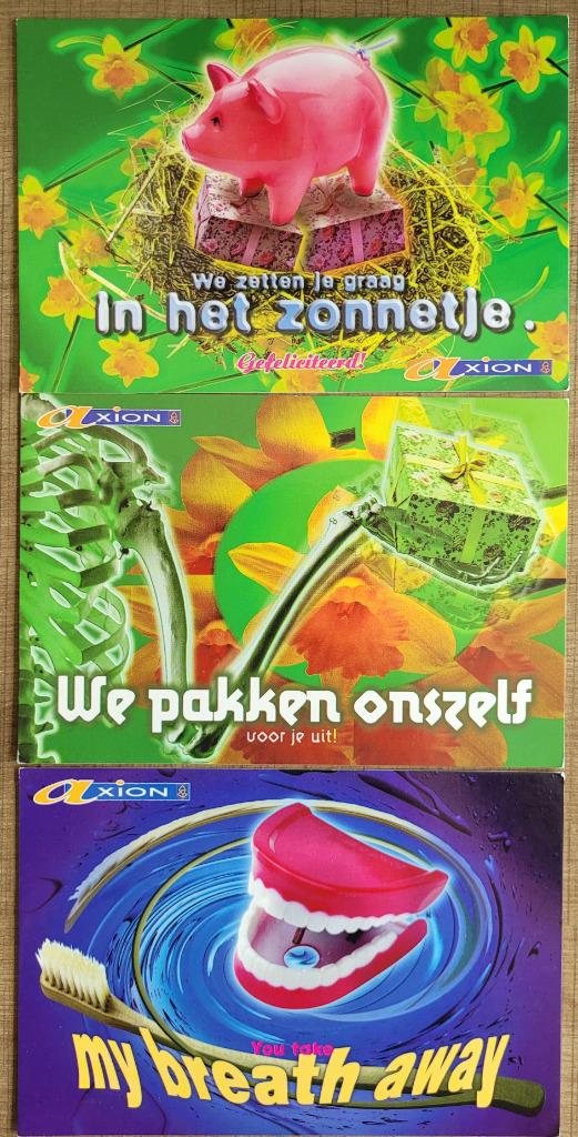 3 reclamekaarten: Axion (Gemeentekrediet), Enlèvement ou Envoi, Comme neuf, Autres types