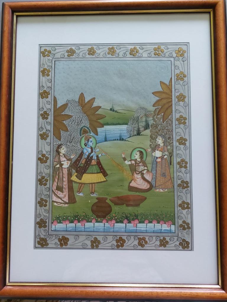Indisch Rajasthani schilderij op zijde Krishna en Radha, Ophalen of Verzenden