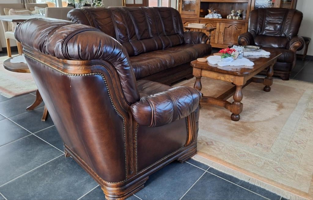 Lederen kwaliteit salon in perfecte staat.Eiken onderstel., Ophalen, Zo goed als nieuw, Leer
