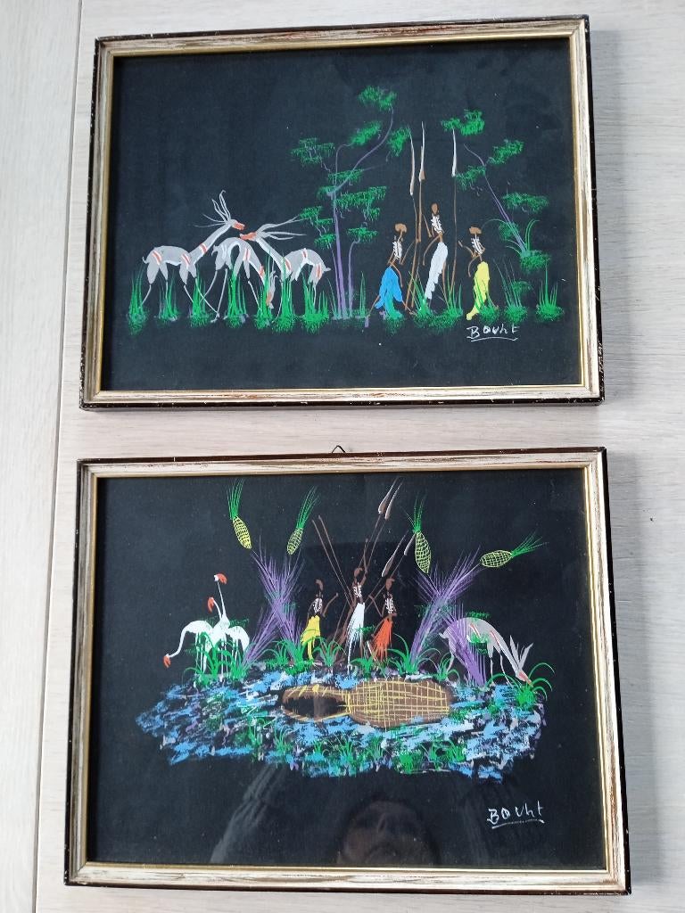 2 vintage houten kaders met Afrikaanse Taferelen in, Enlèvement ou Envoi