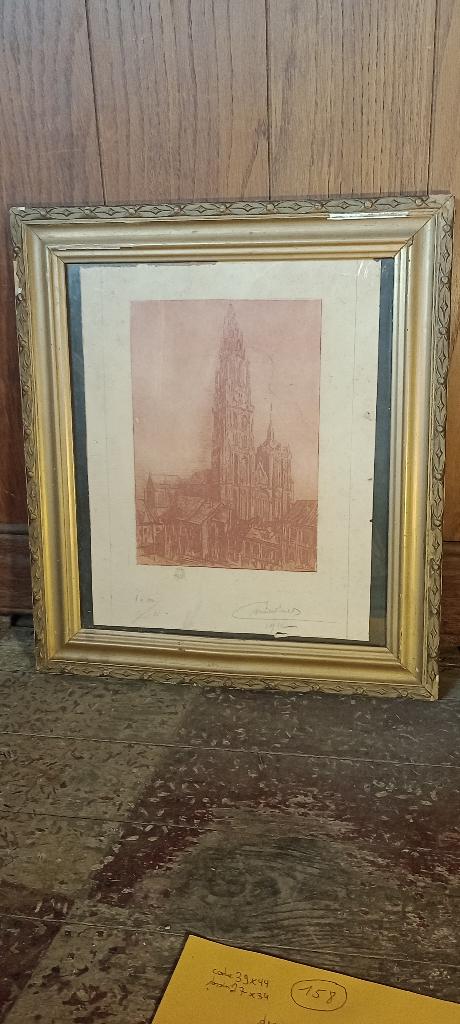 Oude ets gesigneerd door EMILE SAES 1912, 39x44, n158, Ophalen of Verzenden