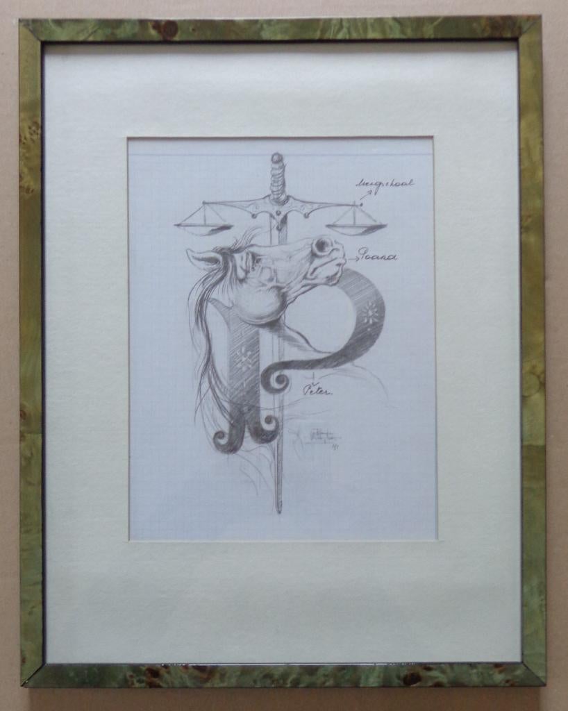 ROGER VAN BELLEGHEM / SYMBOLEN / ORIGINEEL / 41x32cm / KADER, Antiek en Kunst, Kunst | Tekeningen en Fotografie, Ophalen of Verzenden
