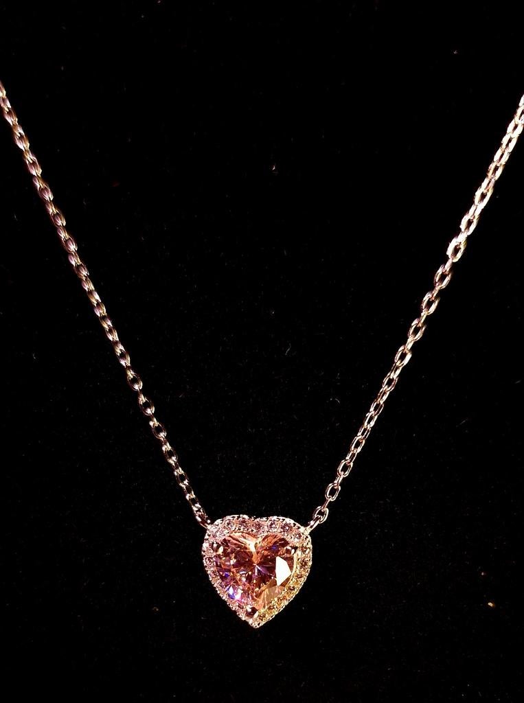 Collier en argent avec cœur en zirconium., Envoi, Comme neuf, Rose, Cœur