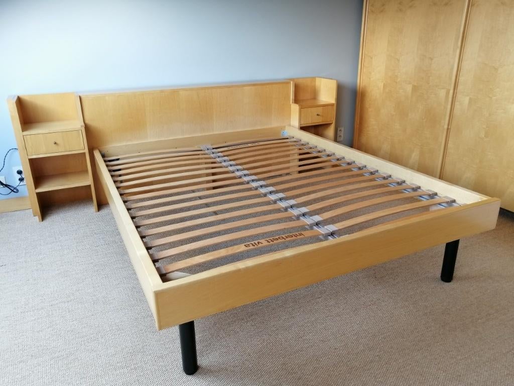 Lit double + tête de lit + meuble console/TV en frêne, Enlèvement, Utilisé, Deux personnes, Modern