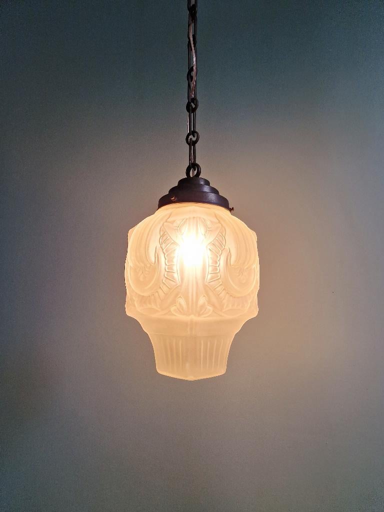 Art Deco hanglamp in gematteerd persglas, 1920-30, Ophalen of Verzenden