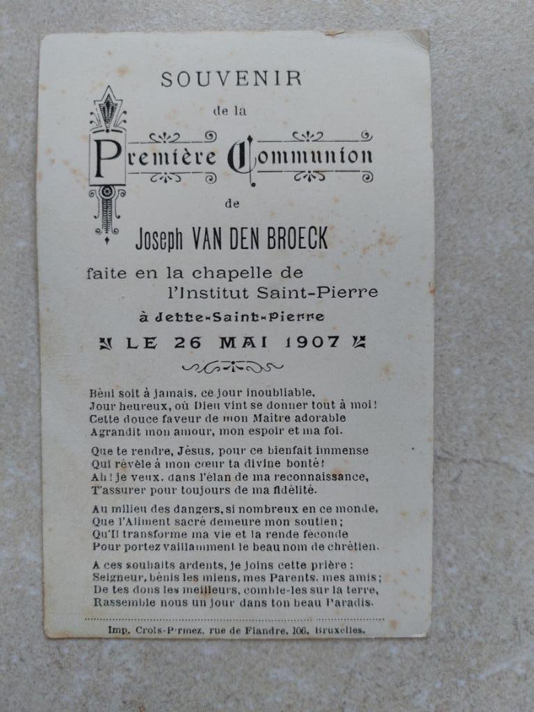 oud communieprentje Jette Saint-Pierre 1907, Verzamelen, Bidprentjes en Rouwkaarten, Verzenden