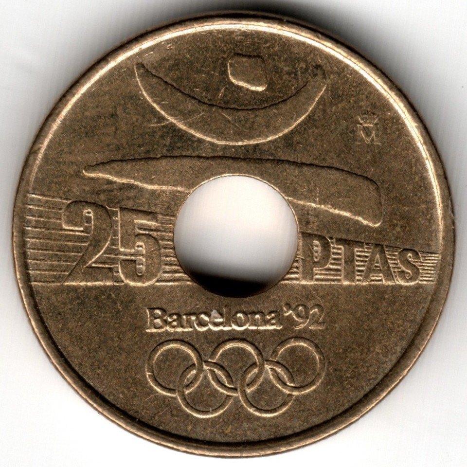 Spanje: 25 Pesetas 1990 Discuswerper: Olympische Spelen 1992, Postzegels en Munten, Ophalen of Verzenden, Overige landen, Losse munt
