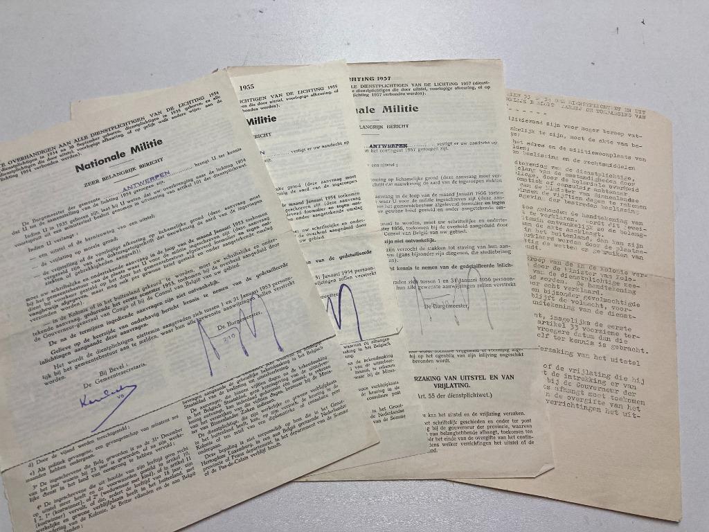 4 oude documenten Nationale militie 1954/55/57 oproepbrieven, Verzamelen, Ophalen of Verzenden, Overige soorten, Overige typen