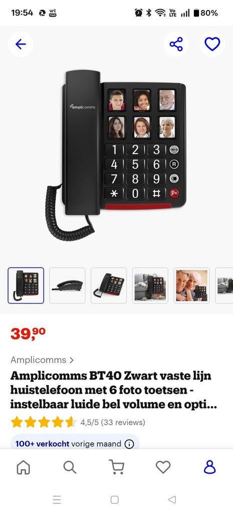 Amplicomms BT40 vaste lijn, seniorentelefoon/slechthorende, Telecommunicatie, Ophalen