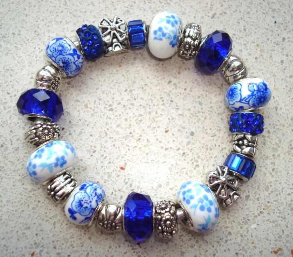 Armband Delfts Blauw met molens PSE069a, Met bedels of kralen, Nieuw, Elastiek, Verzenden