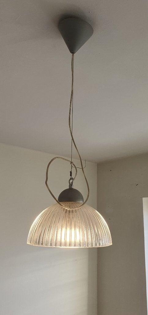 Hanglamp met glazen kap en zilverkleurig kapje verstelbaar, Ophalen of Verzenden, Zo goed als nieuw, Glas, Design