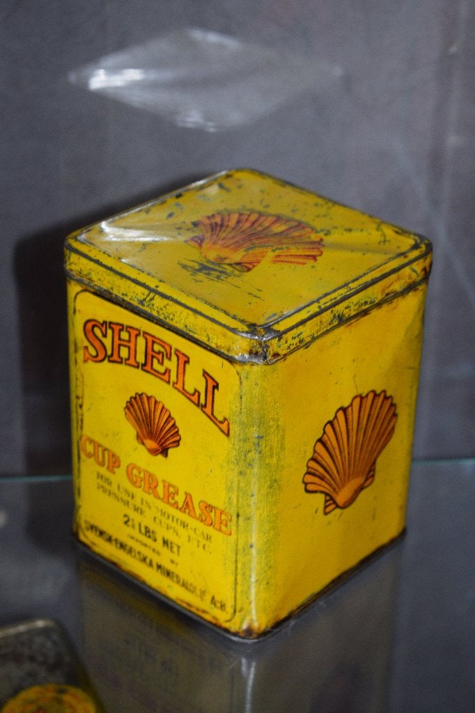 Zeldzame vet pot shell 1930 olie blik, Verzamelen, Ophalen of Verzenden, Gebruikt, Reclamebord