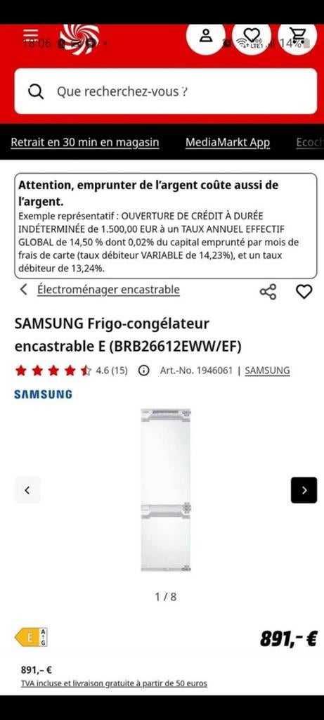 Réfrigérateur-congélateur encastrable Samsung neuf, Electroménager, Réfrigérateurs & Frigos, Enlèvement