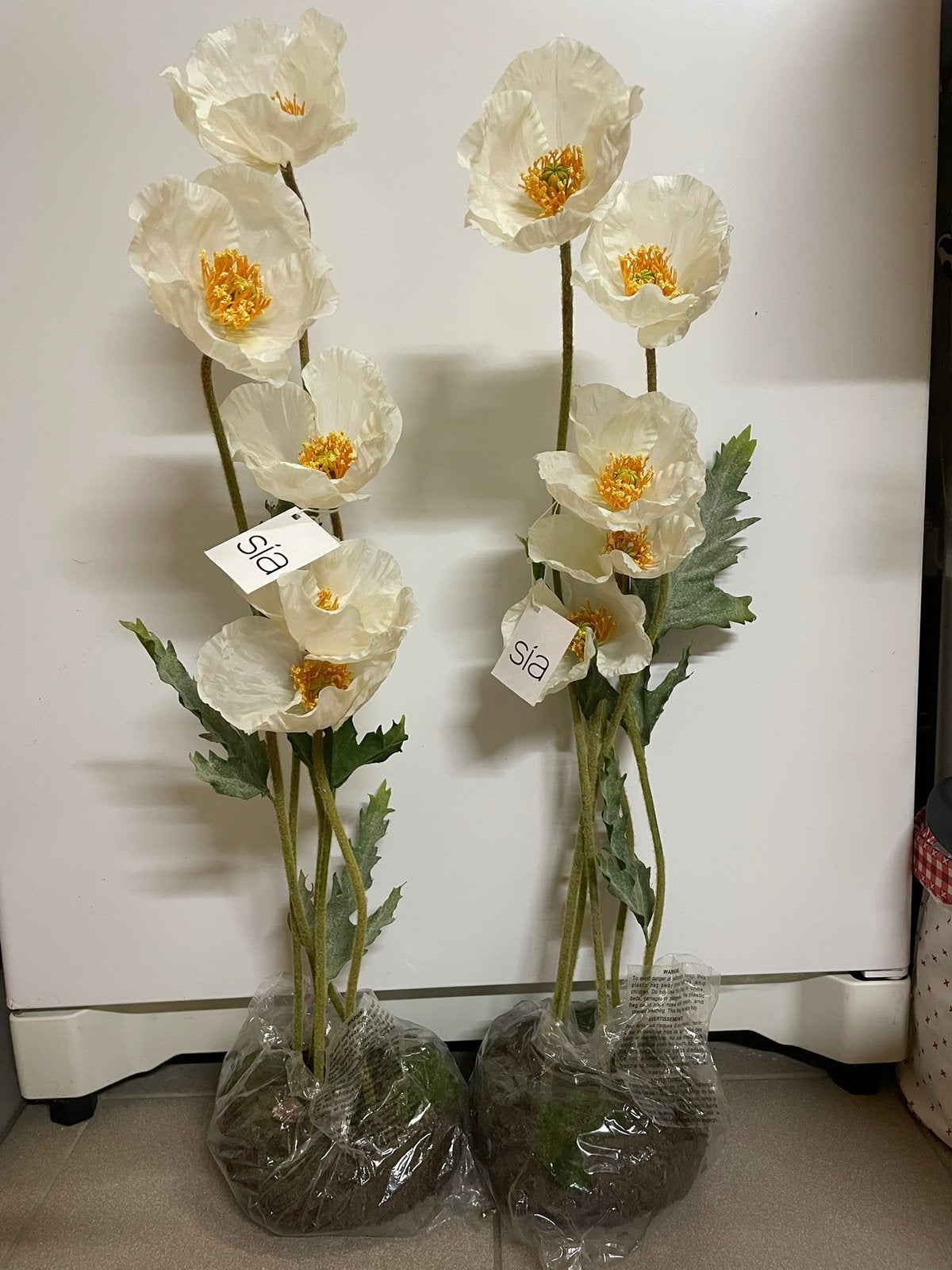 Lot de 2 coquelicots artificiels Sia vintage 66cm!!, Neuf, Soie, Blanc, Enlèvement ou Envoi