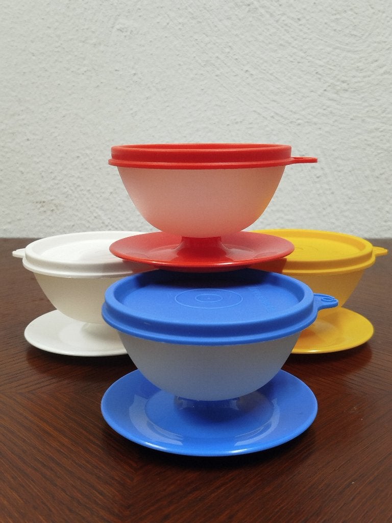 Retro Tupperware dessertbekers op voet met deksels, Bewaardoos, Blauw, Luchtdicht, Ophalen of Verzenden
