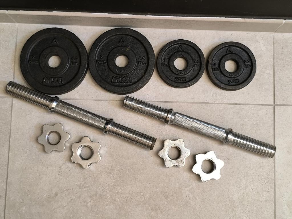 2 haltères + plaques de musculation Argon (30mm), Enlèvement, Utilisé, Bras, Set d’haltères