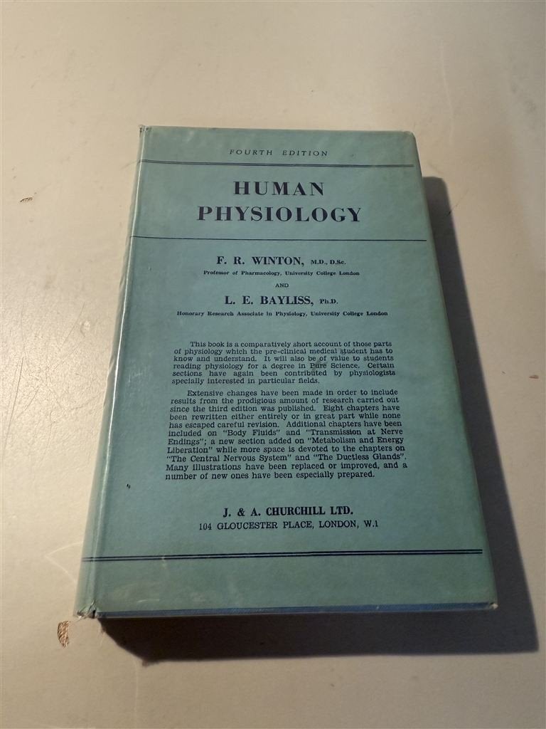 Human Physiology Winton and Bayliss Hardback - 1955, Enlèvement ou Envoi, Comme neuf