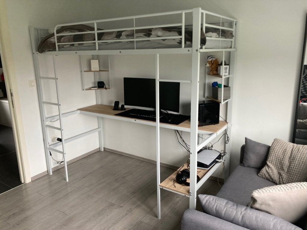 witte hoogslaper en uitklapbare zitbank samen., Maison & Meubles, Chambre à coucher | Lits superposés & Lits mezzanines, 90 cm