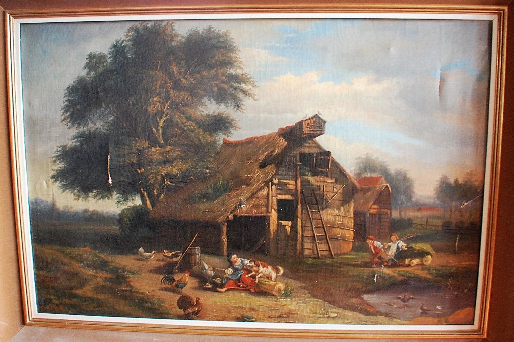 Scène romantique du XIXᵉ ou du début du XXᵉ siècle, Antiquités & Art, Peinture à l'huile, Enlèvement, Animaux, Cadre spécial