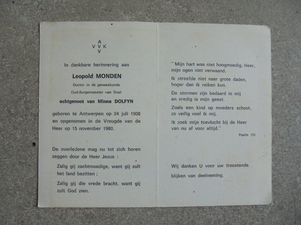 Doodsprentje Leopold Monden, Oud Burgemeester van Doel, Collections, Envoi