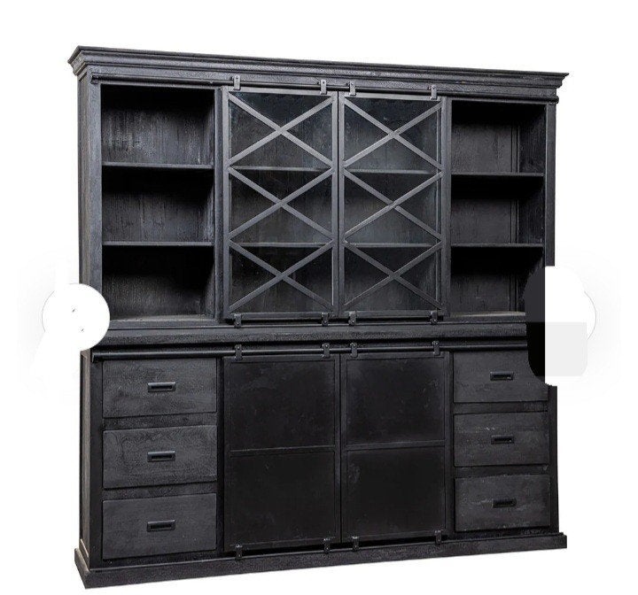Buffet/vitrinekast mangohout zwart, Ophalen, 200 cm of meer, Met lade(s), Zo goed als nieuw