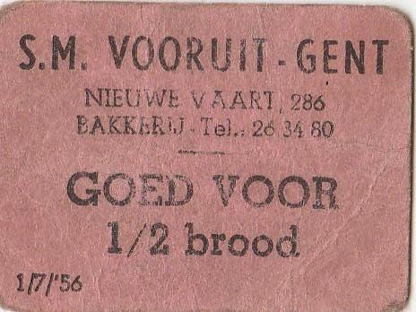 Le jeton SM Vooruit Gand «Bon pour 1/2 pain» datant de 1956., Timbres & Monnaies, Pièces & Médailles, Enlèvement ou Envoi