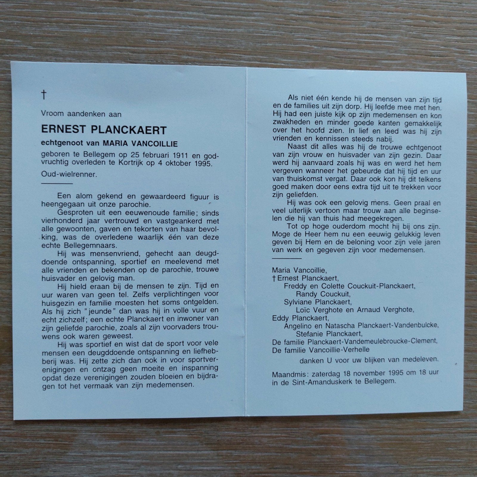 doodsprentje oud wielrenner Ernest Planckaert, Collections, Enlèvement ou Envoi