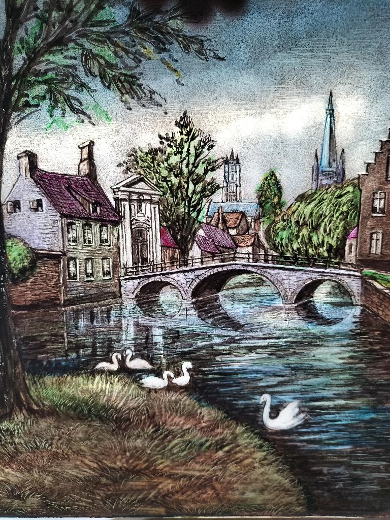 Decoratieve achterglasschildering van het idyllische Brugge, Antiek en Kunst, Ophalen
