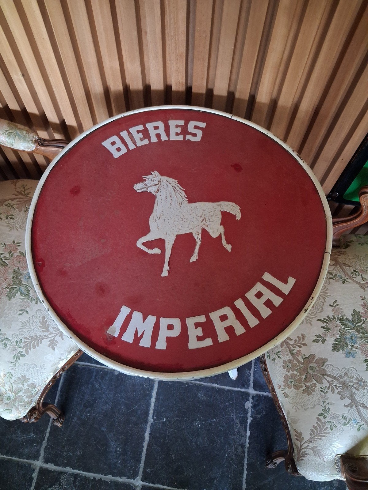 zeer oud emaille café tafeltje bieres imperial, Ophalen, Gebruikt
