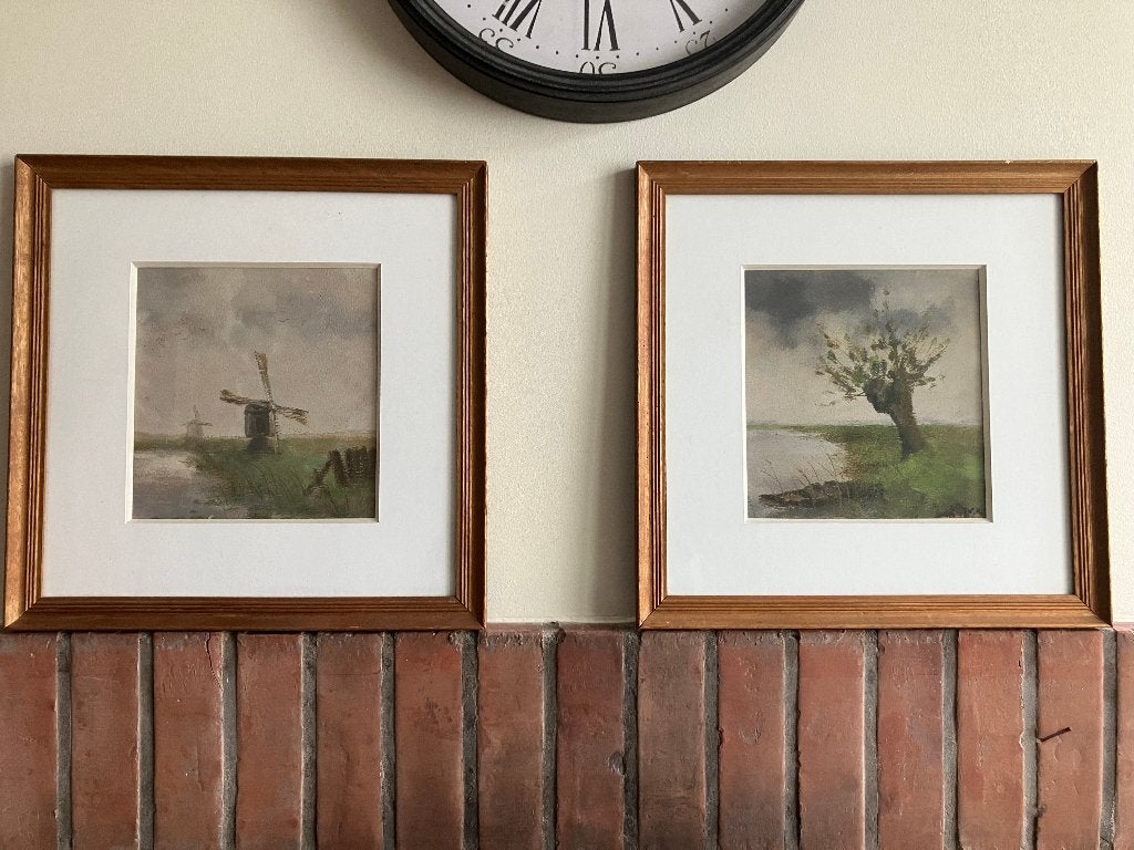 Paar schilderijen: landelijke landschappen aan de rivier, Antiek en Kunst, Ophalen