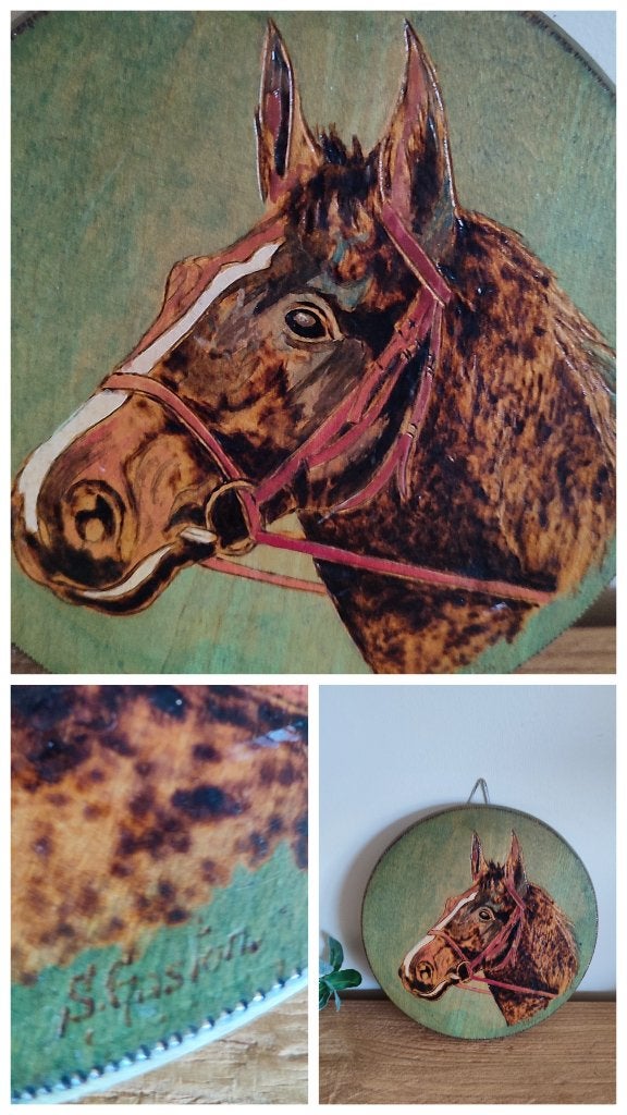 Vintage schilderij op hout, paardenhoofd. Gesigneerd, Brandschildering, Overige ondergronden, Dieren, Ophalen of Verzenden