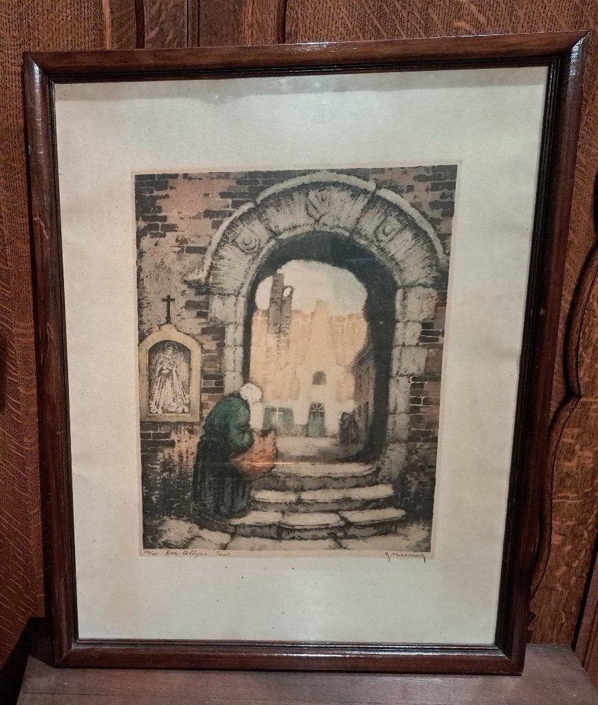 Koer Allijns - R.Hebbelinck, Antiek en Kunst, Kunst | Etsen en Gravures, Ophalen, Stadsgezicht, Gesigneerd, 70 cm
