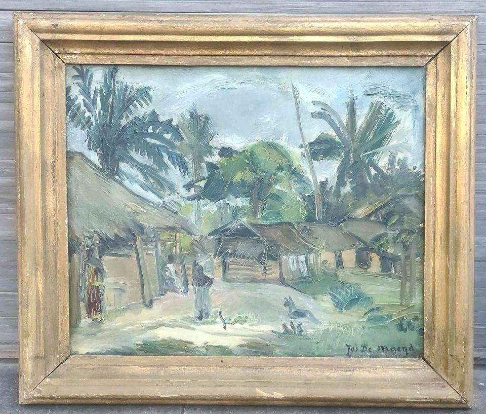 Huile sur toile village africain signe jo de maegd, Antiquités & Art, Enlèvement ou Envoi, Toile