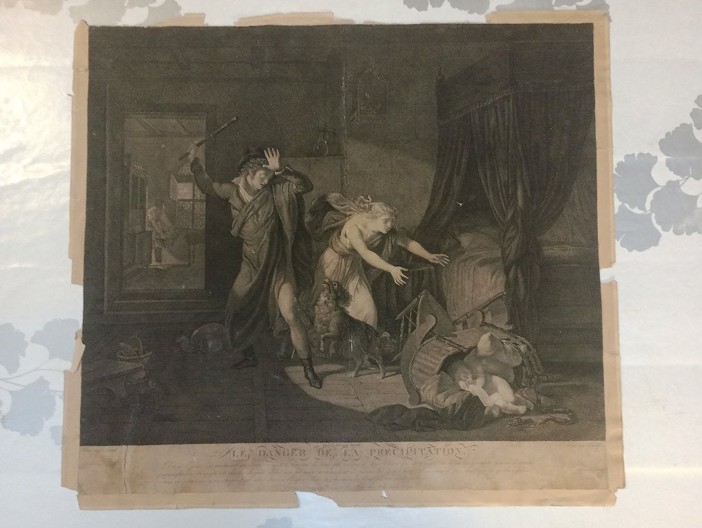 Gravure 18e, Het gevaar van neerslag Schall-Godefroy, Antiek en Kunst, Ophalen of Verzenden, Gravure, Origineel
