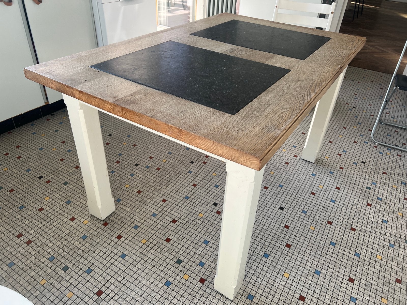 Houten keukentafel met blauwsteen, Ophalen, Gebruikt, 100 tot 150 cm, Landelijk