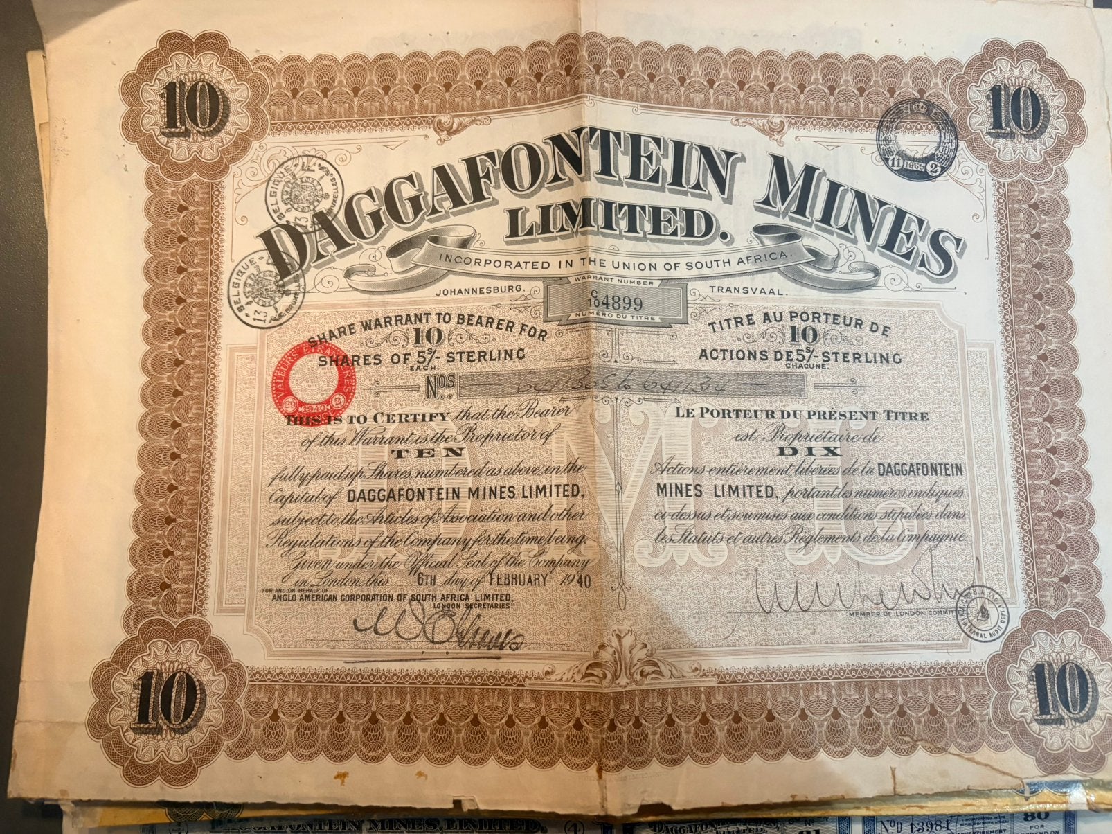 Ancien Titre Action Brun - Daggafontein Mines Limited (1940), Postzegels en Munten, Aandelen en Waardepapieren, Verzenden, Aandeel