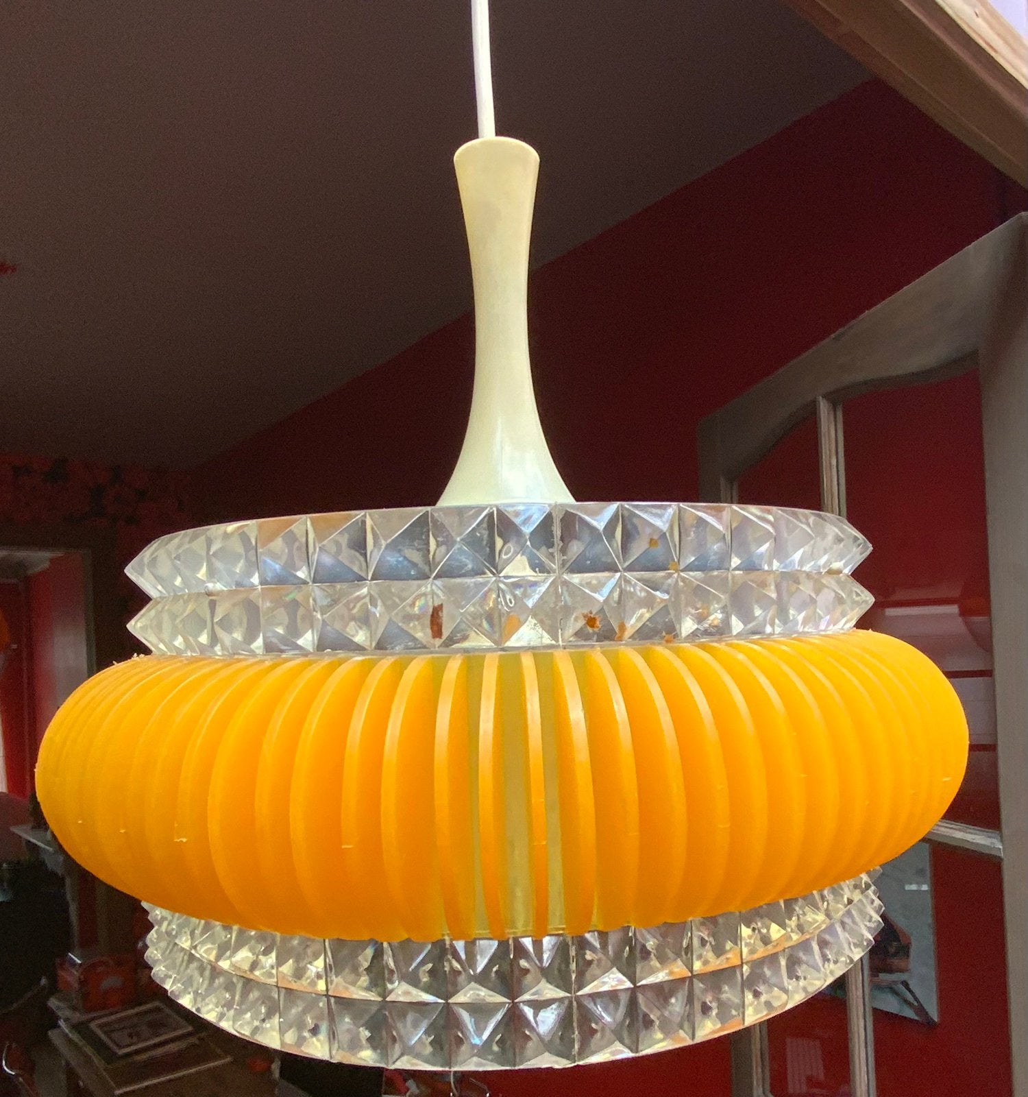 Vintage luster in oranje plexe en glas Marbach, Ophalen of Verzenden, Zo goed als nieuw, Glas