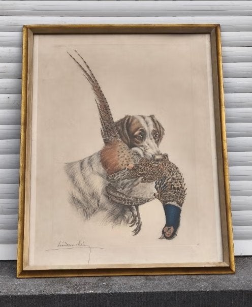 Gravure chien chasse signe Léon danchin, Enlèvement ou Envoi, Gravure