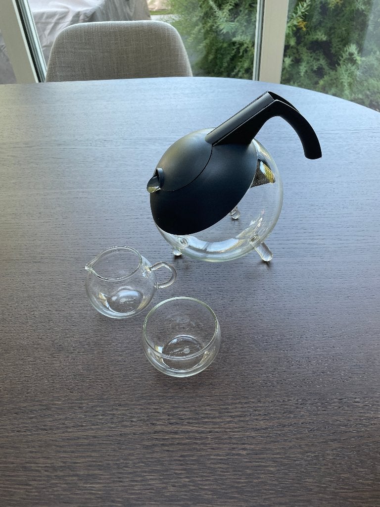 Theekan met melkkan en suikerpot in glas, Ophalen of Verzenden, Gebruikt, Glas, Kan