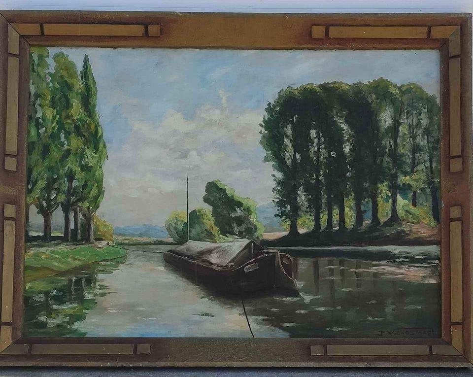 Huile sur panneau péniche signe j vanosmael, Enlèvement, Panneau