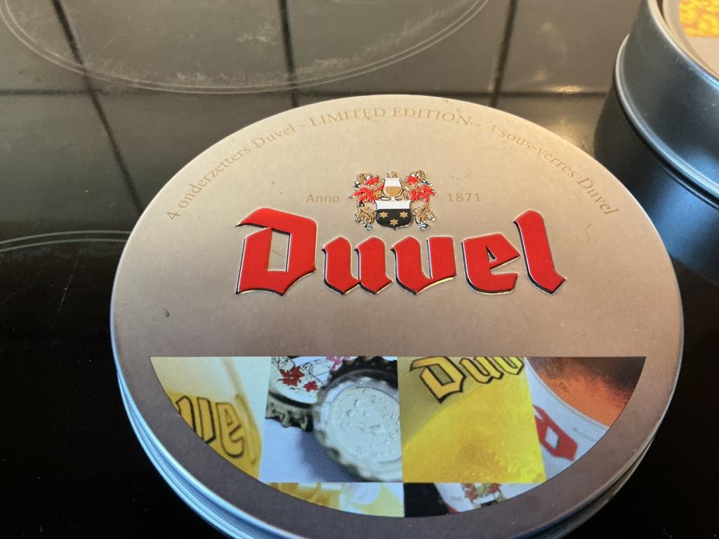Duvel, 4 onderzetters Limited Edition in blikken doosje, Verzamelen, Ophalen of Verzenden, Zo goed als nieuw, Duvel